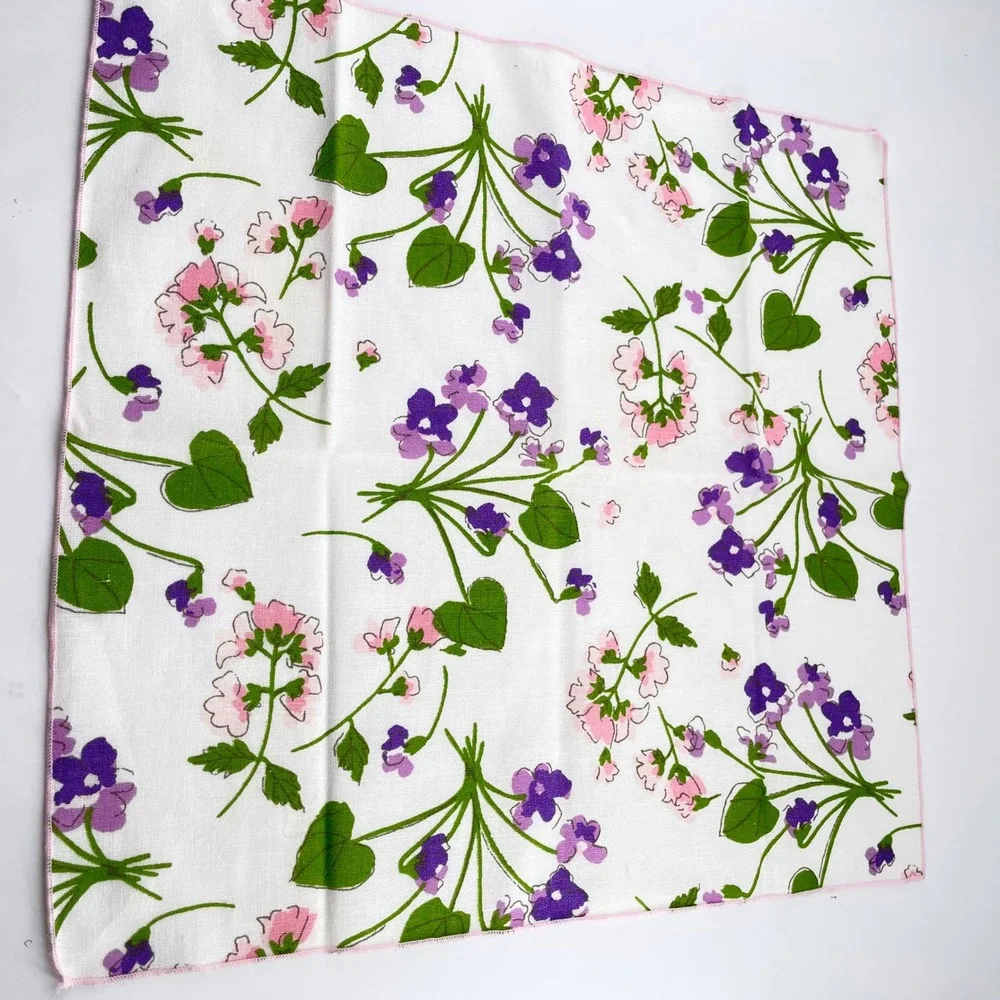 Vera Neumann 60-70s Floral Napkins x8 Crisp Vibrant Purple Violets Pink Edge Tag